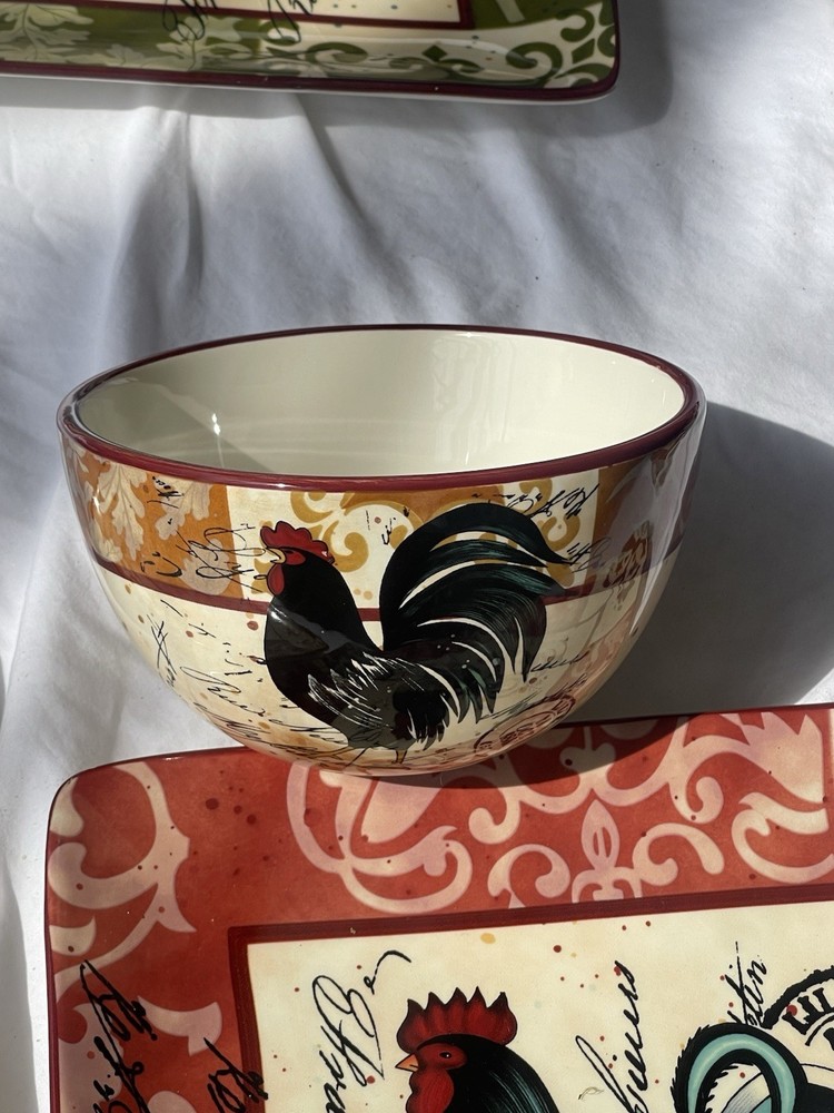Certified International Rooster Multicolor Ceramic Square Dinner Set Plates & B…