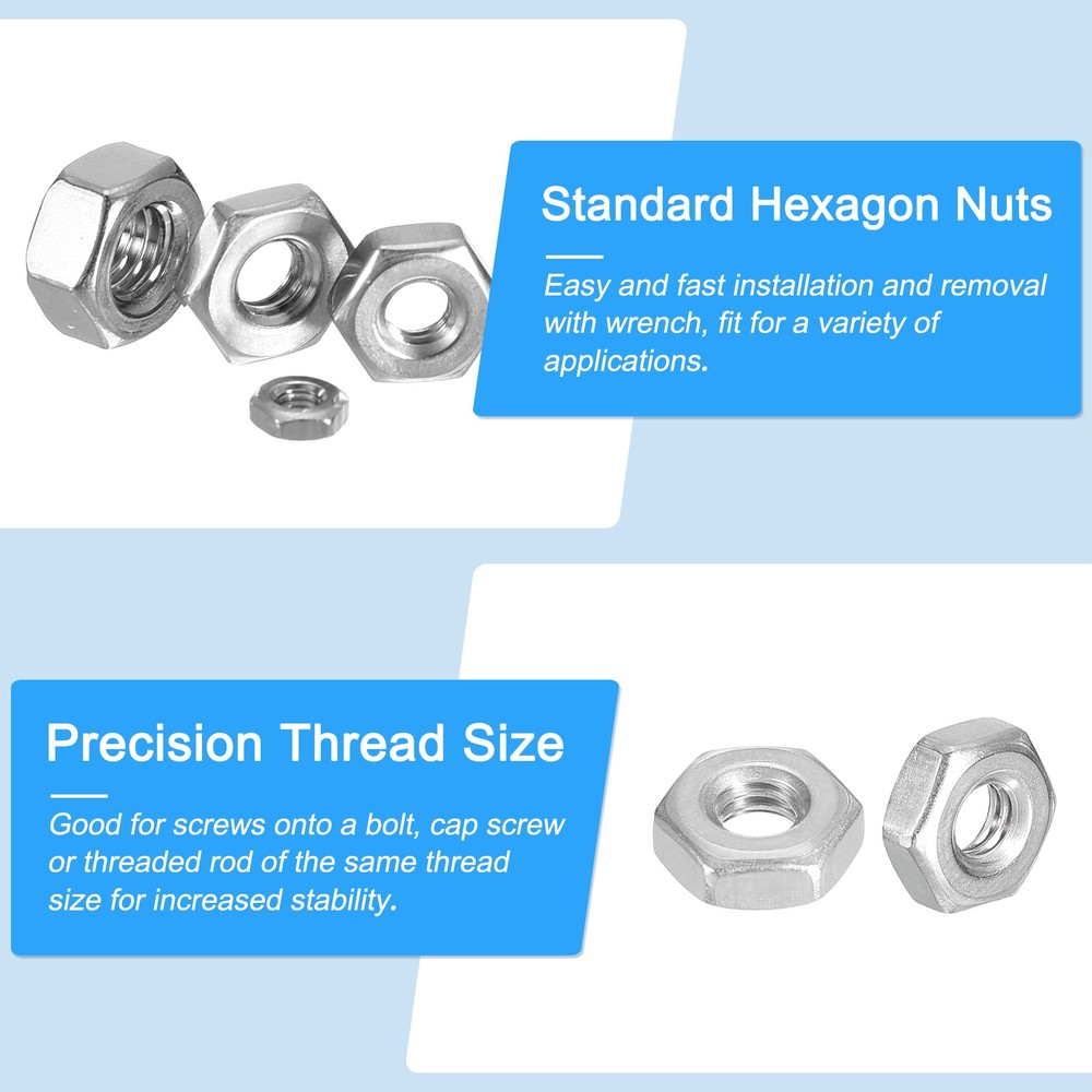 Hex Nuts (7/16"-14) 10Pcs 304 Steel Coarse Thread Nut Silver