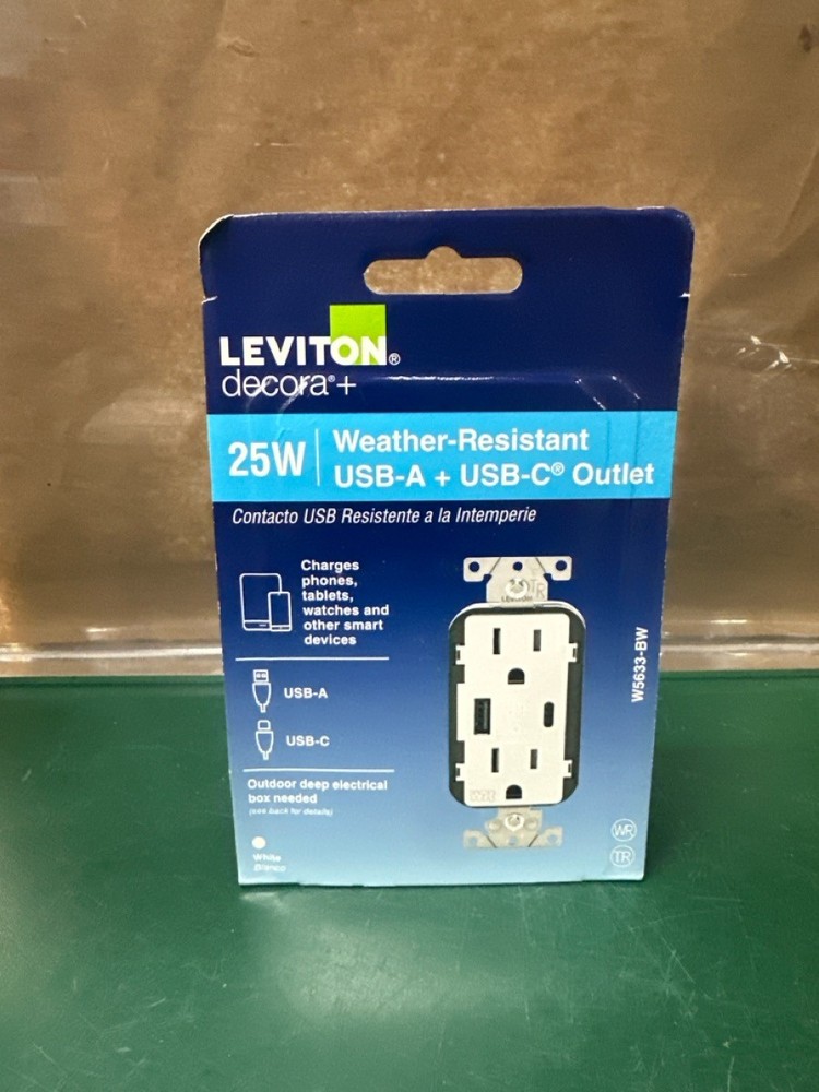 Leviton Decora+ W5633-BW 25W Weather-Resistant USB-A + USB-C Outlet (E10044547)