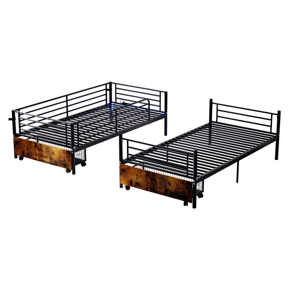 Bunk Bed with USB Charging Station, Able to Split, Metal Bunk Bed, Storage Space