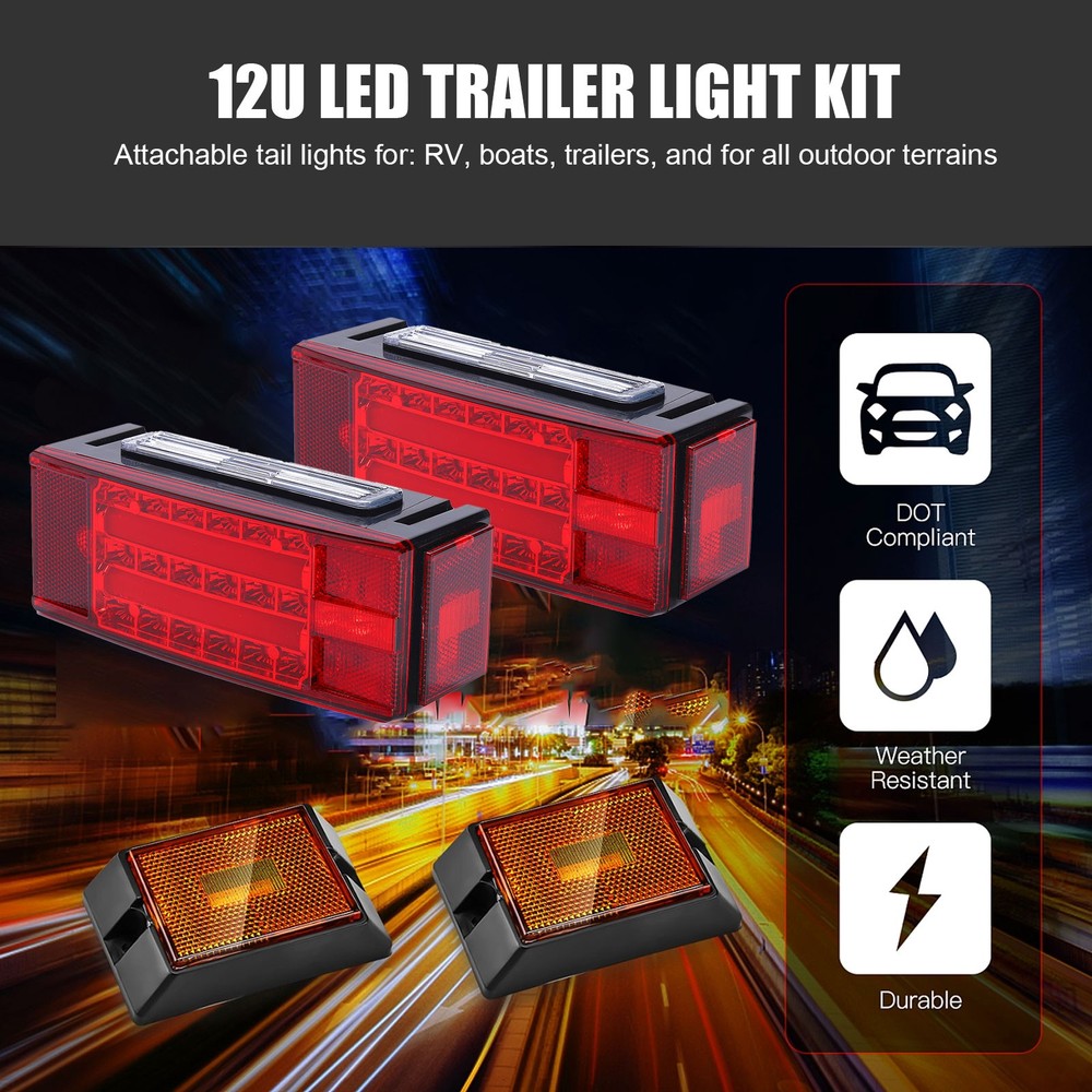 Rectangle LED Submersible Trailer Boat Stud Stop Turn Tail Lights Kit Left&Right