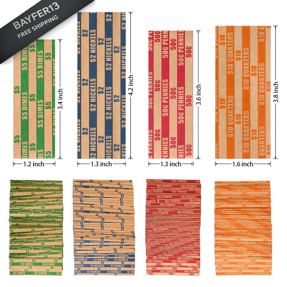 ESSENTIAL 100 pcs Assorted Packed Flat Stripped Coin Wrappers, 100-Assorted