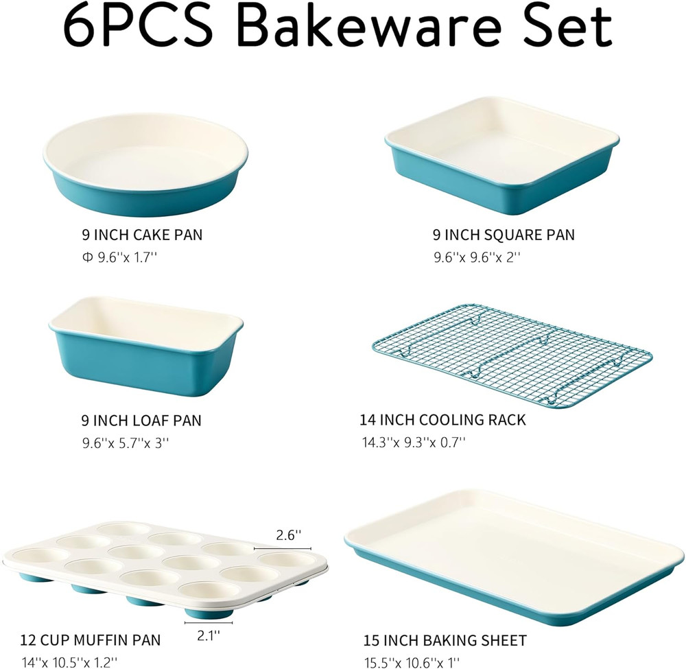 6-Piece Nonstick Ceramic Baking Pans Set - Bakeware Sets Including Cookie Sheets