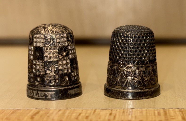 2 SILVER ETCHED DECORATIVE THIMBLES BIRMINGHAM AND CHESTER HALLMARKS