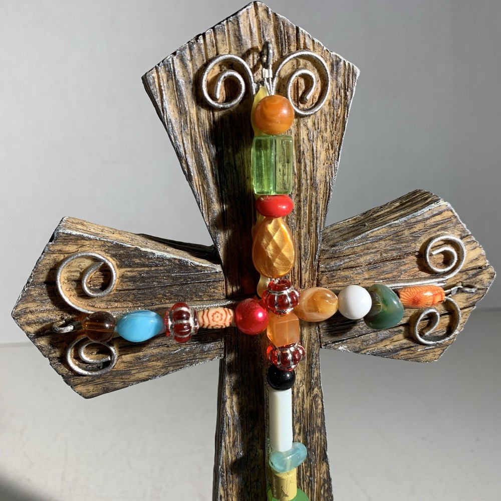 Small Boho Rustic Primitive Style Resin & Beads Standing Decorative Ornate Cross