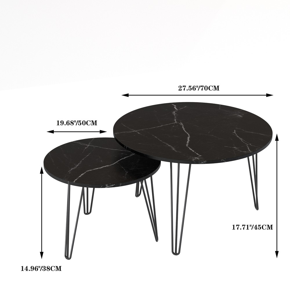 Round Nesting Coffee Table Set of 2, End Table Set, Imitation Marble Grain