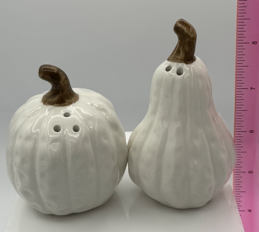 Ceramic WHITE Pumpkin & Gourd SALT & PEPPER SHAKERS FALL Thanksgiving