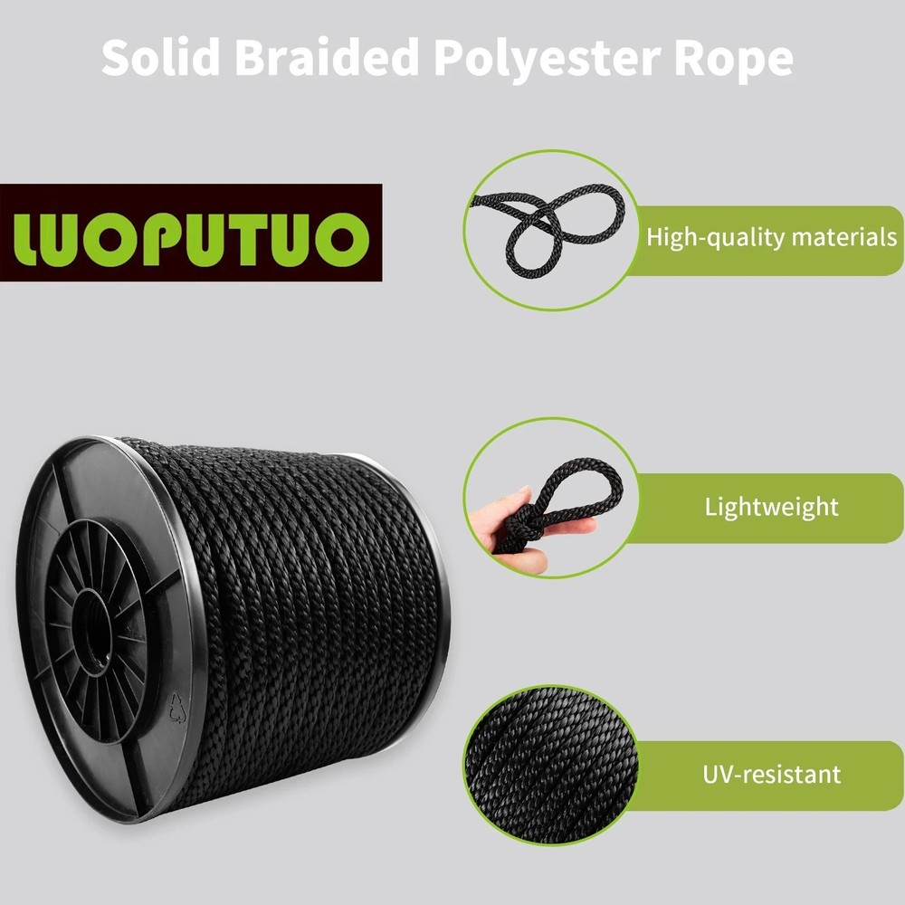 3/8 INCH 200 FT Black Polyester Solid Braid Rope-Industrial Grade Low Stretch