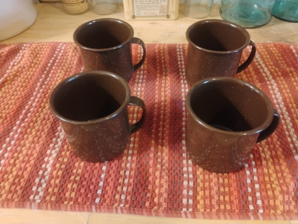 4-Vintage Brown Speckled Enamel Cups