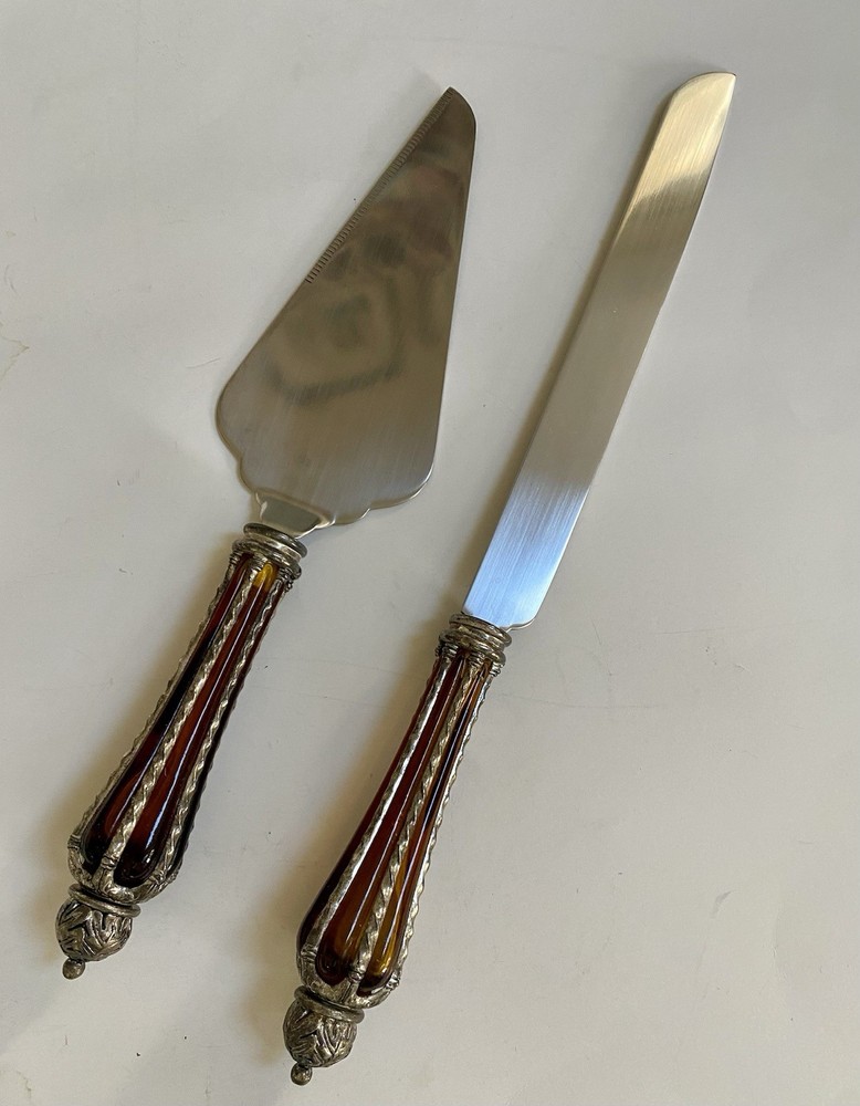 Wallace Silversmith Amber Glass Silver plate Cake Knife And Server Set