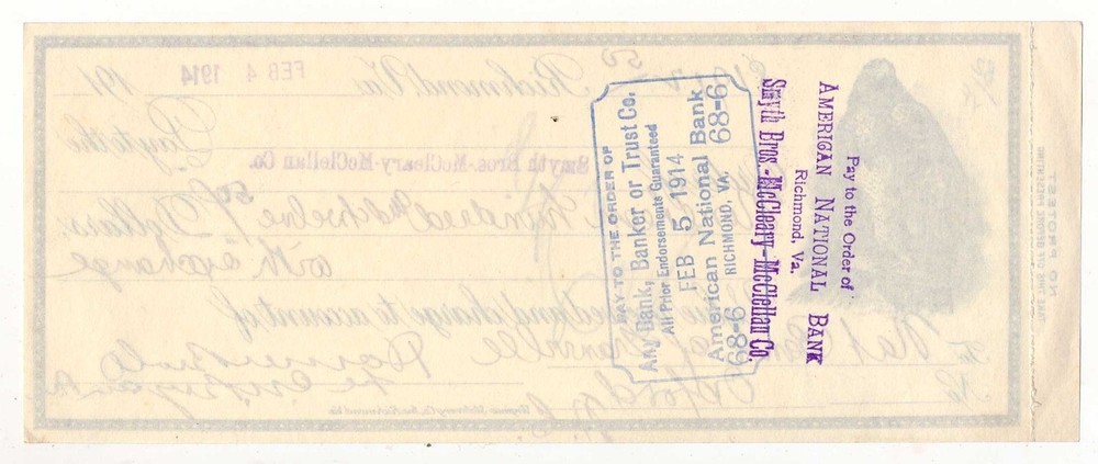 1914 Richmond, VA Check, draft, golden eagle vignette