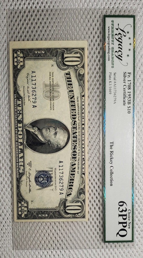 1953 B $10 Silver Certificate Blue Seal Note Legacy Choice UNC 63PPQ Nice Note
