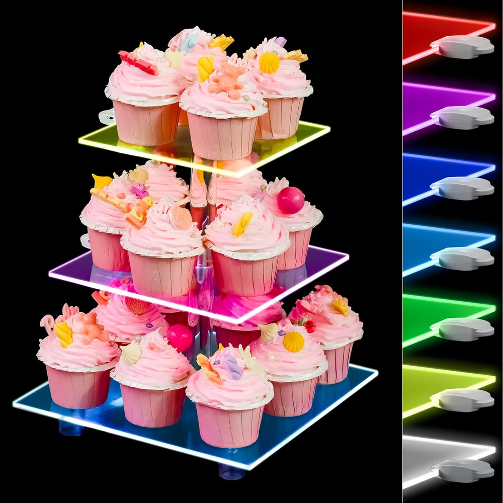 Cupcake Stand - 3 Tier Cupcake Tower with Rechargeable Light- Acrylic Cupcake...