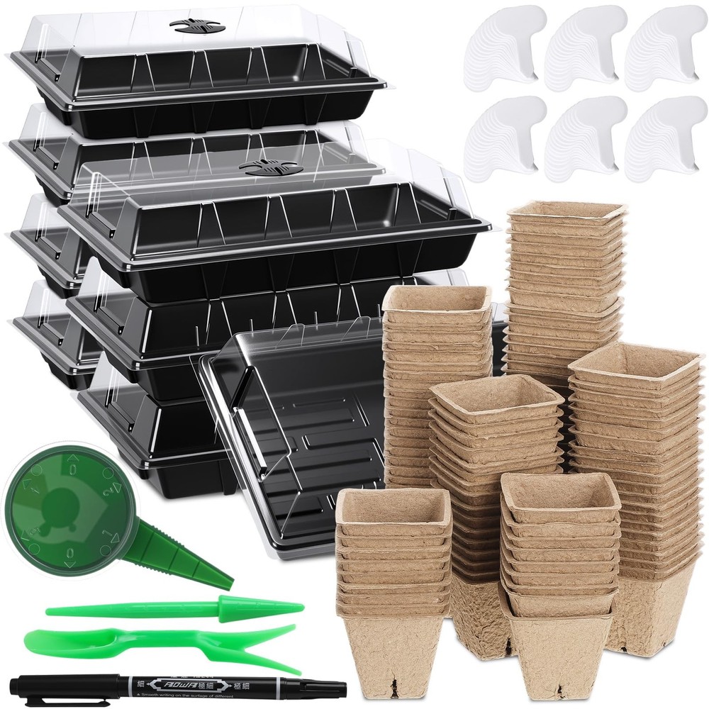 8 Sets Seed Starter Tray Kit Including 120 Peat Pots for Seedlings 8 Plastic ...