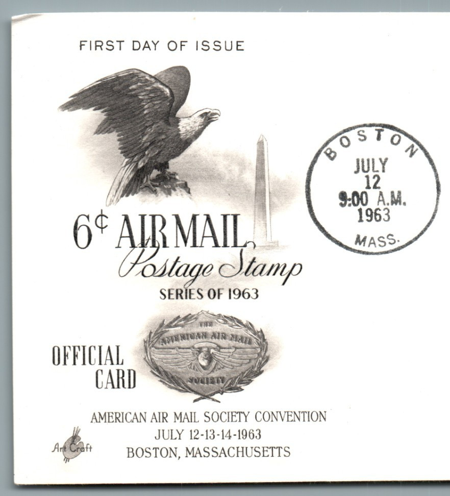 First Day Issue postcard-1963 Boston Mass. US Air Mail Eagle 6¢ -4spt -pB410