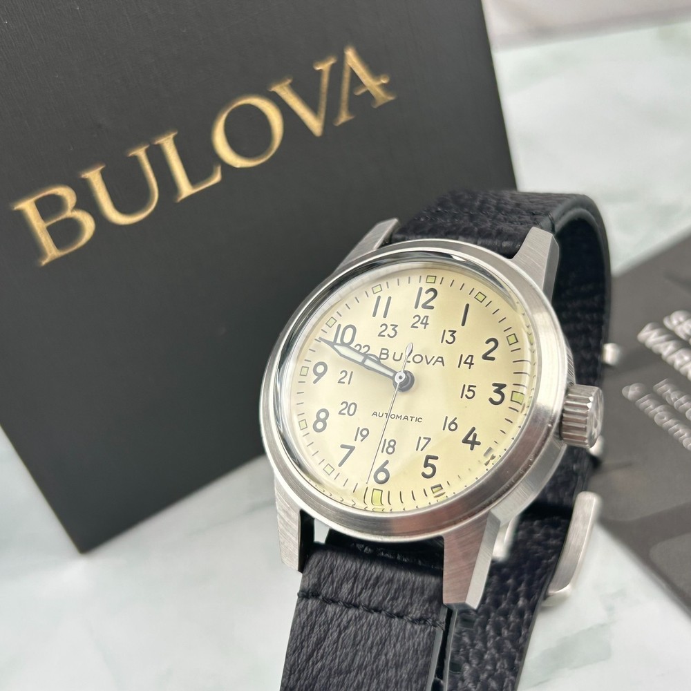 Bulova 96A246 Hack Ivory Dial Black Leather Strap Men’s Automatic Watch