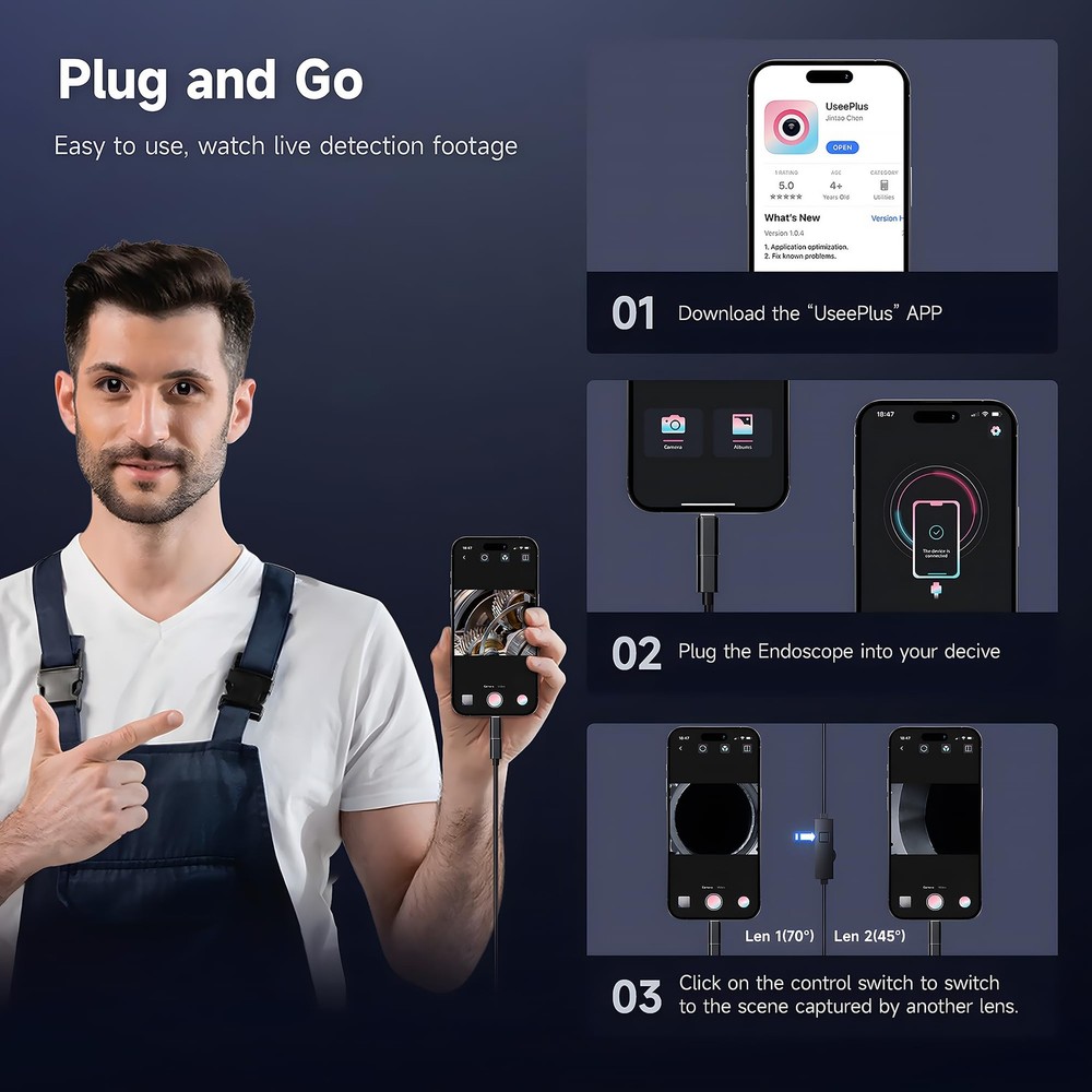 Dual-Lens Endoscope Camera with Light, 1920P HD Borescope with 8+1 Adjustable