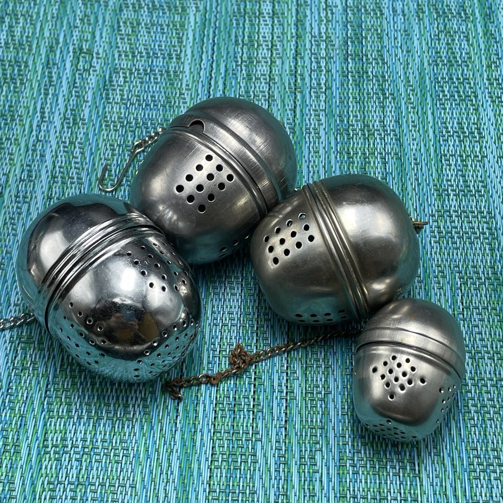 4 Stainless Classic Tea Ball Infusers Strainers w Chains Various Sizes Vtg Read