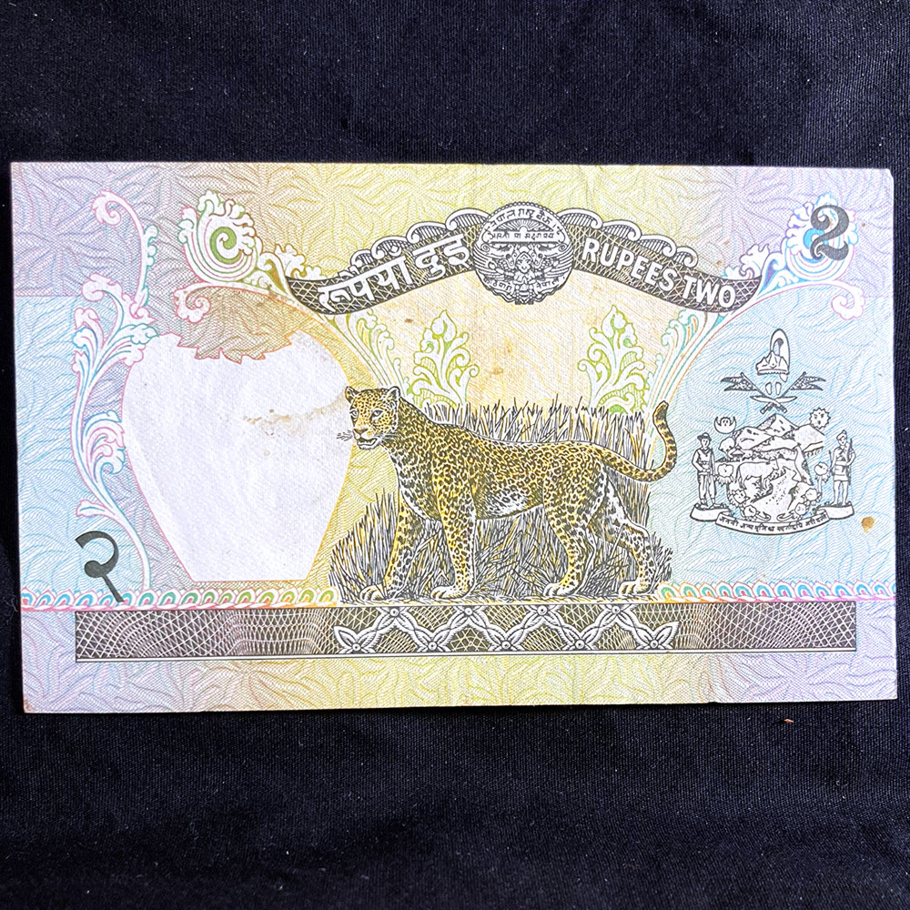 1981-1987 Nepal 2 Rupees, Leopard & King - Almost Uncirculated Banknote