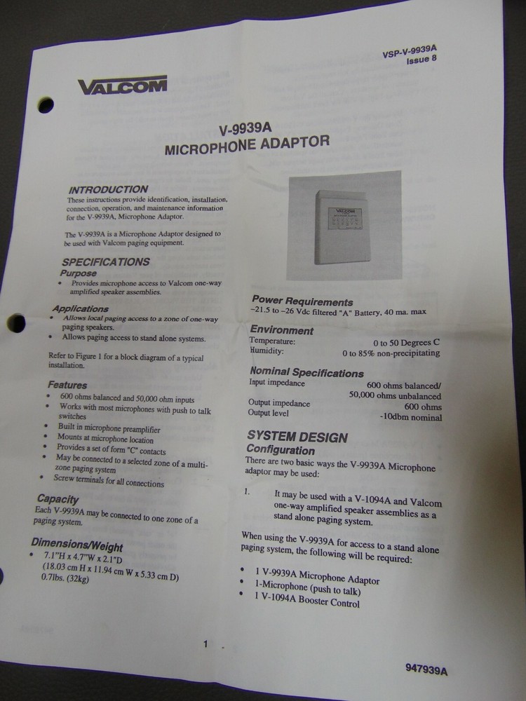 Valcom PA Paging Microphone Adapter V-9939A