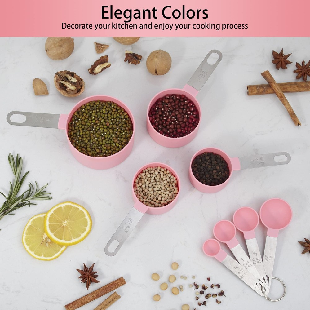 Huygens Measuring Cups & Spoons Set 10pcs Stackable Stainless Steel Handle Pink