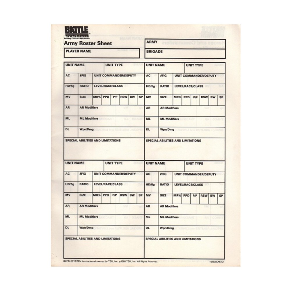 TSR AD&D 1st Ed Battle System - Roster Book Only! VG