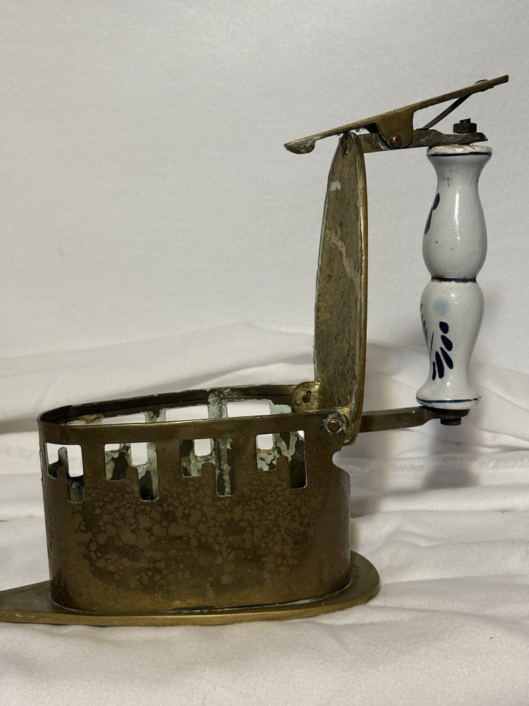 Antique Solid Brass Coal Iron Pottery Handle Dutch Delft White And Blue Handle