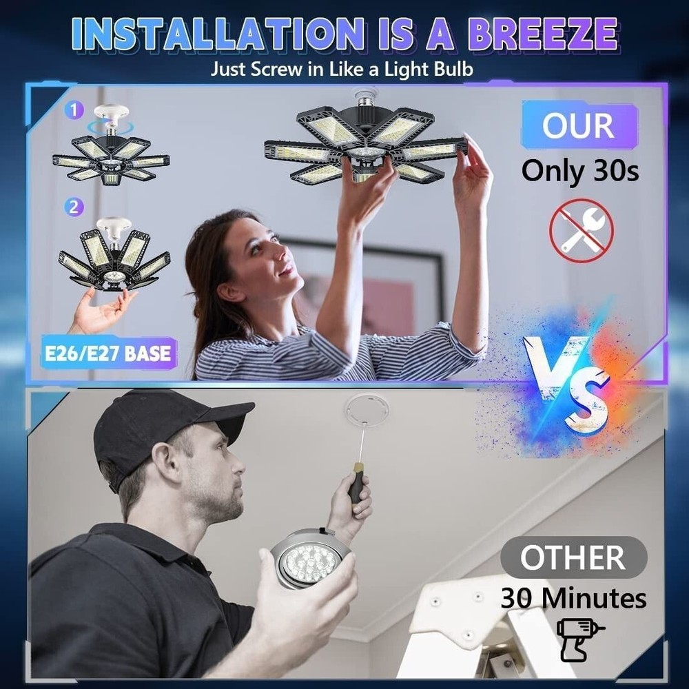 2Pack LED Garage Light 9900000LM Deformable Bright Work Shop Ceiling Bulb Lamps