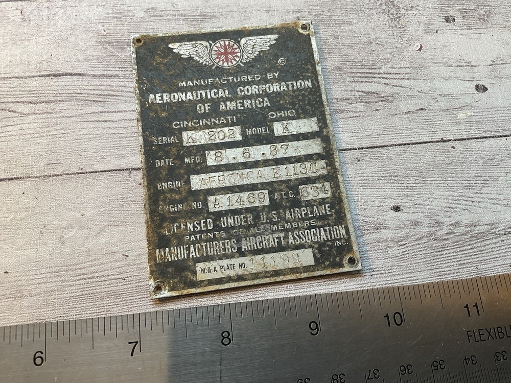 ORIGINAL 1937 AERONCA MODEL K SCOUT AIRCRAFT DATA NAME PLATE