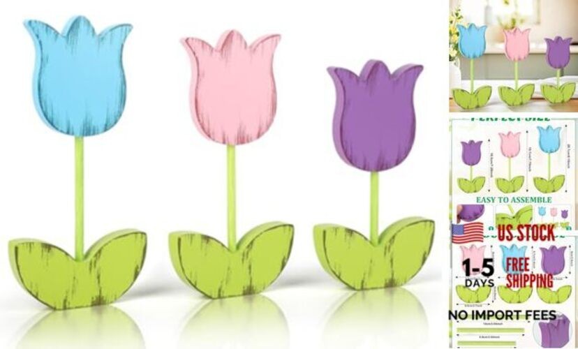 3 Pcs Spring Table Decorations Wooden Set Tabletop Farmhouse Spring Tulip