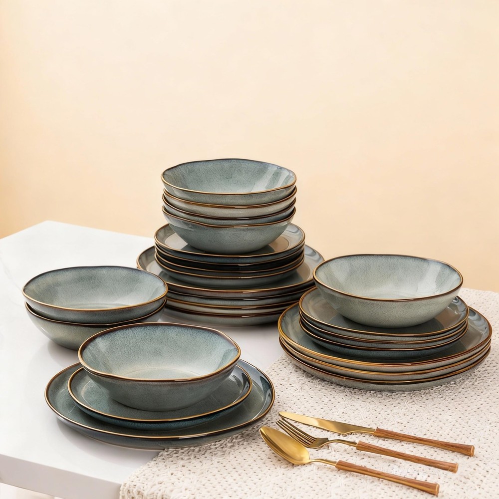 Ceramic Dinnerware Sets,Handmade Reactive Glaze Stoneware Plates and Bowls Se...