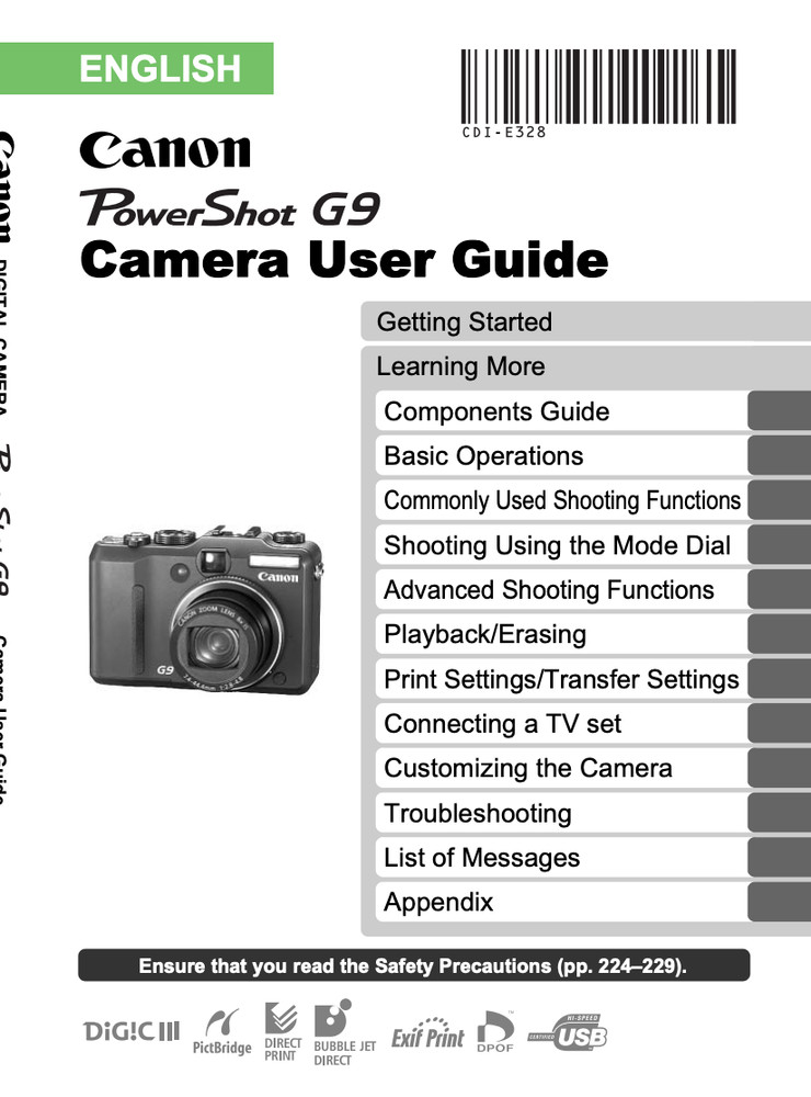 Canon Powershot G9 Digital Camera User Owner Instruction Manual