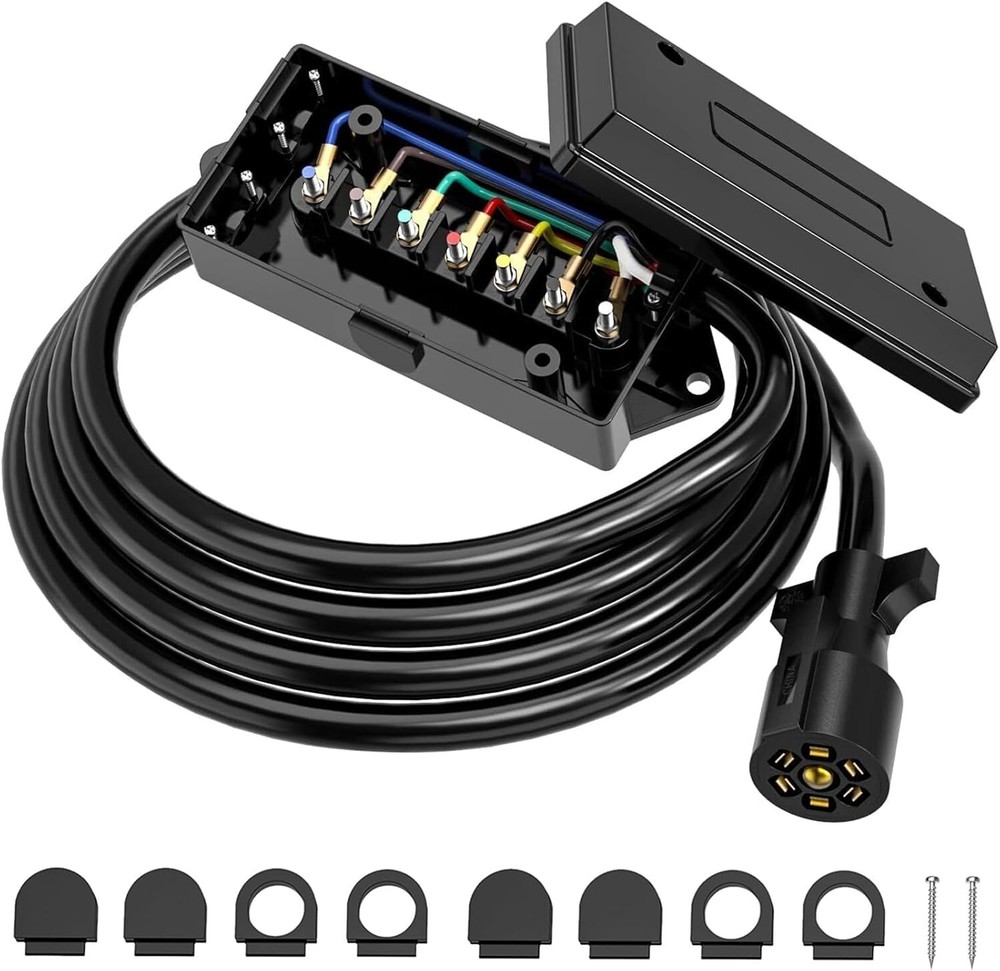 8FT RV Trailer Cord 7 Way Plug Inline Junction Box 7-Pole Wiring Harness Kit