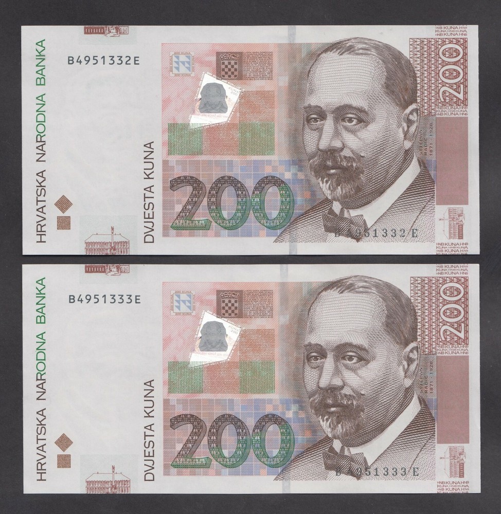 🔴CROATIA  200 Kuna  2012 UNC  P42a  Two banknotes with consecutive serial #🔴