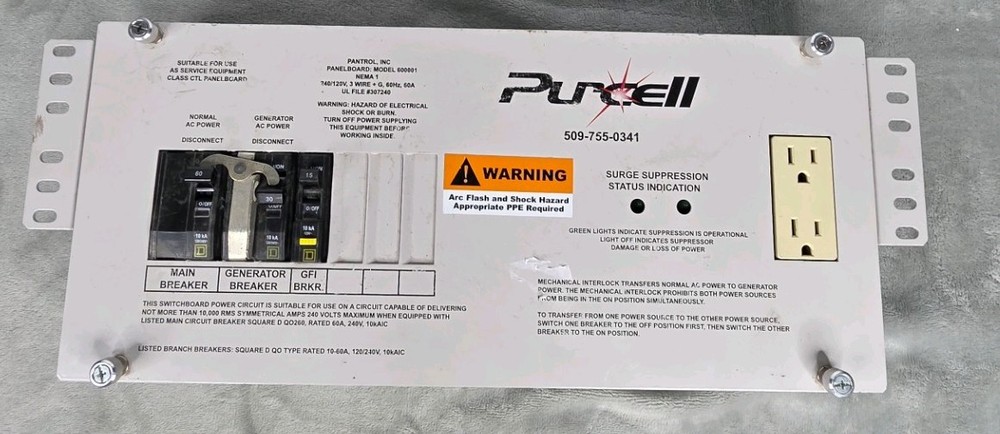 Purcell 60A Generator Transfer Switch Panel w/ Square D QO Breakers & Surge
