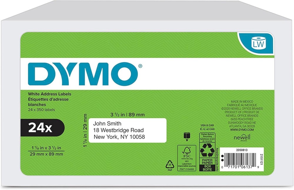 DYMO Authentic LW Mailing Address Labels for 24 Rolls, White
