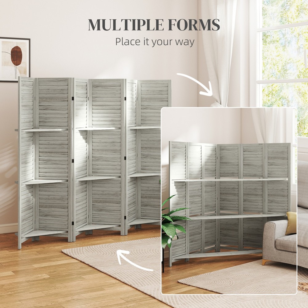6 Panel Privacy Screen, Room Divider with 3 Shelves, White
