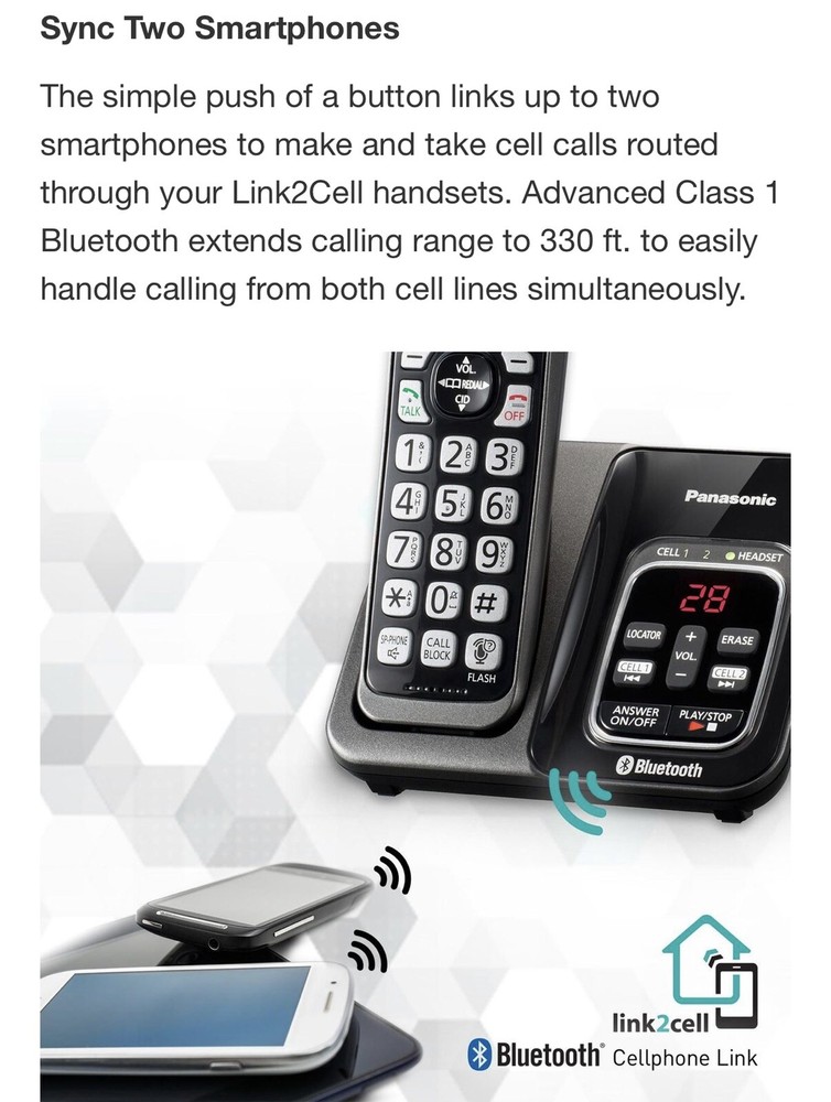 Panasonic, DECT 6.0 Bluetooth 3-Handset Phone System, Link2Cell No Landline Need