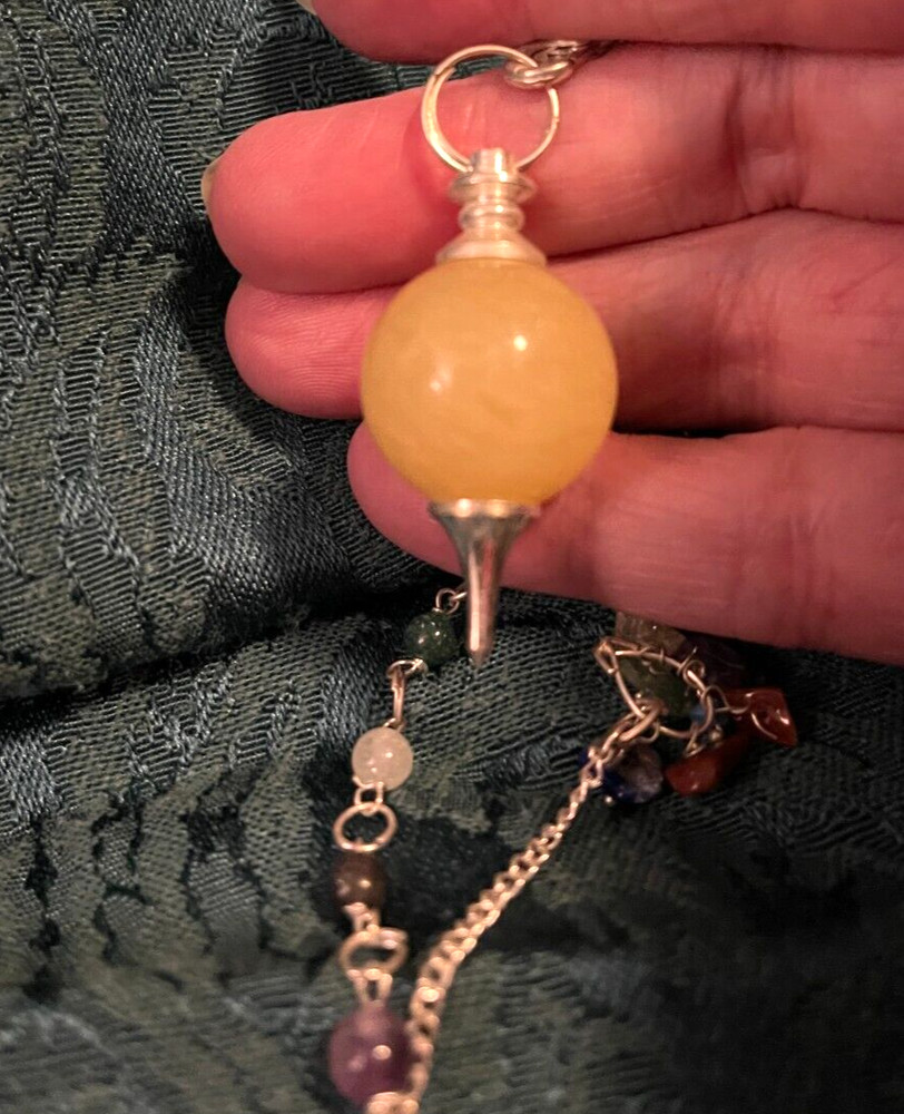 Pendulum - Lemony Yellow Moonstone on 7 Chakra Beaded Chain - Includes Pouch
