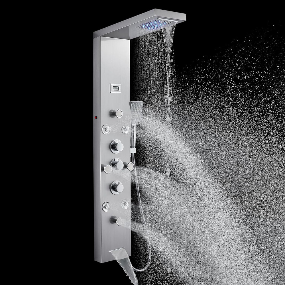 LED Shower Panel Tower with 4 Jets, Handheld, Temp Display, Stainless Steel