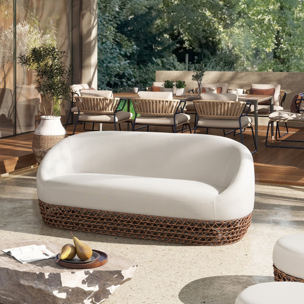 Willow 71" Upholstered Woven Patio Deep Seating Sofa Beige Wicker Frame Olefin
