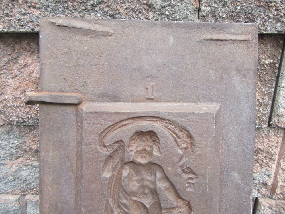 Antique Victorian Cherub Cast Iron Fireplace Insert Fireback w Gate Marks
