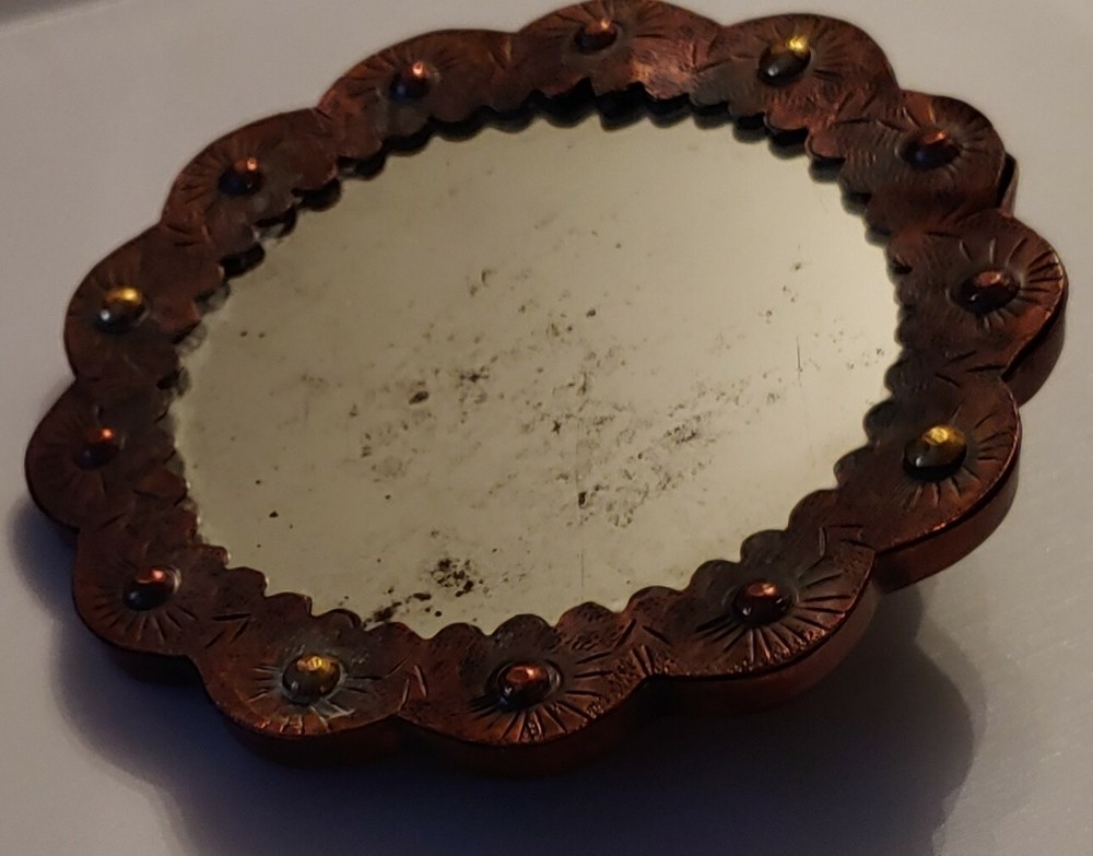 Antique Vanity Hand MIRROR Cast Bird Handle Copper * RARE