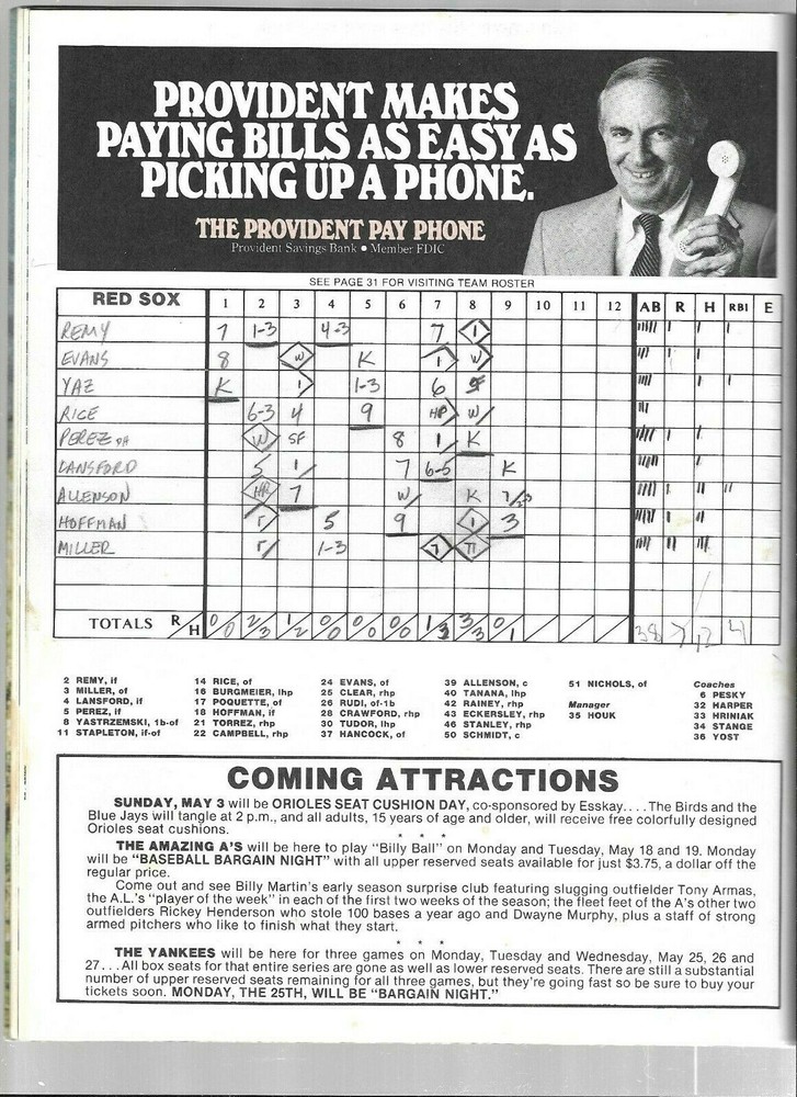 April 26, 1981 Orioles vs Red Sox Baseball Program---Scored EX