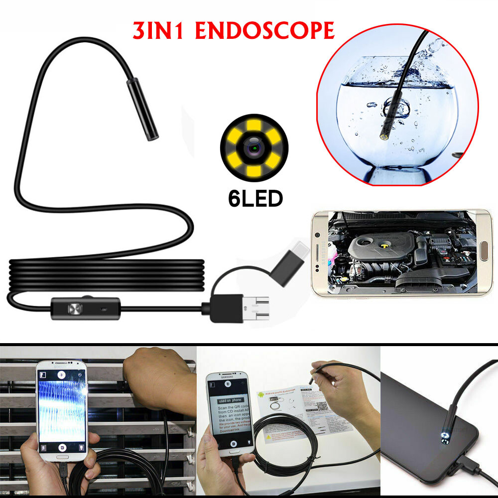 USB Endoscope Borescope 6 LED Waterproof Snake Camera For Mac OS Android Windows