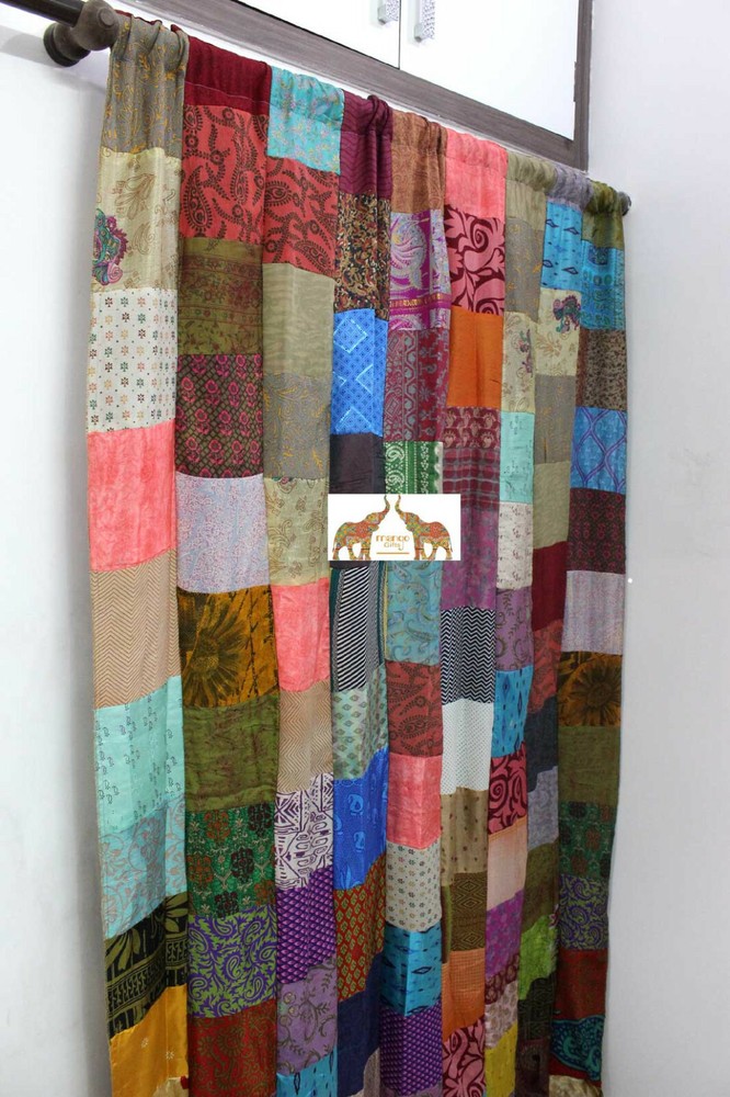 Handmade Patchwork Door Curtains Boho Decor Valances Panels Silk Sari Indian