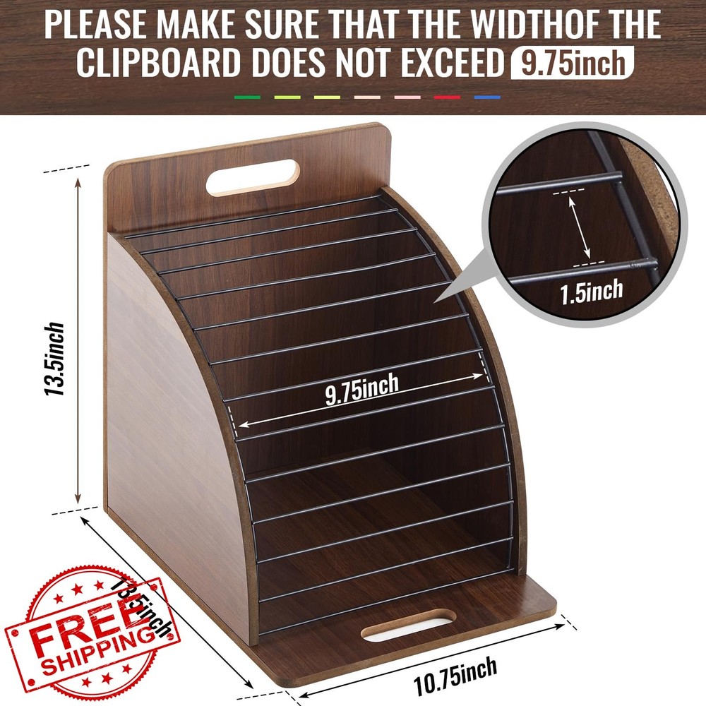 Walnut Clipboard Holder Storage Metal Rack Raised Side Panel