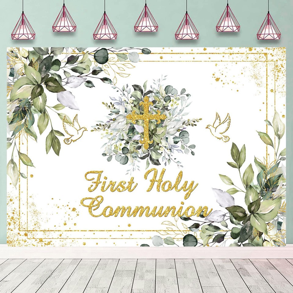 First Holy Communion Backdrop Greenery God Bless Baptism Party Backdrop Christen