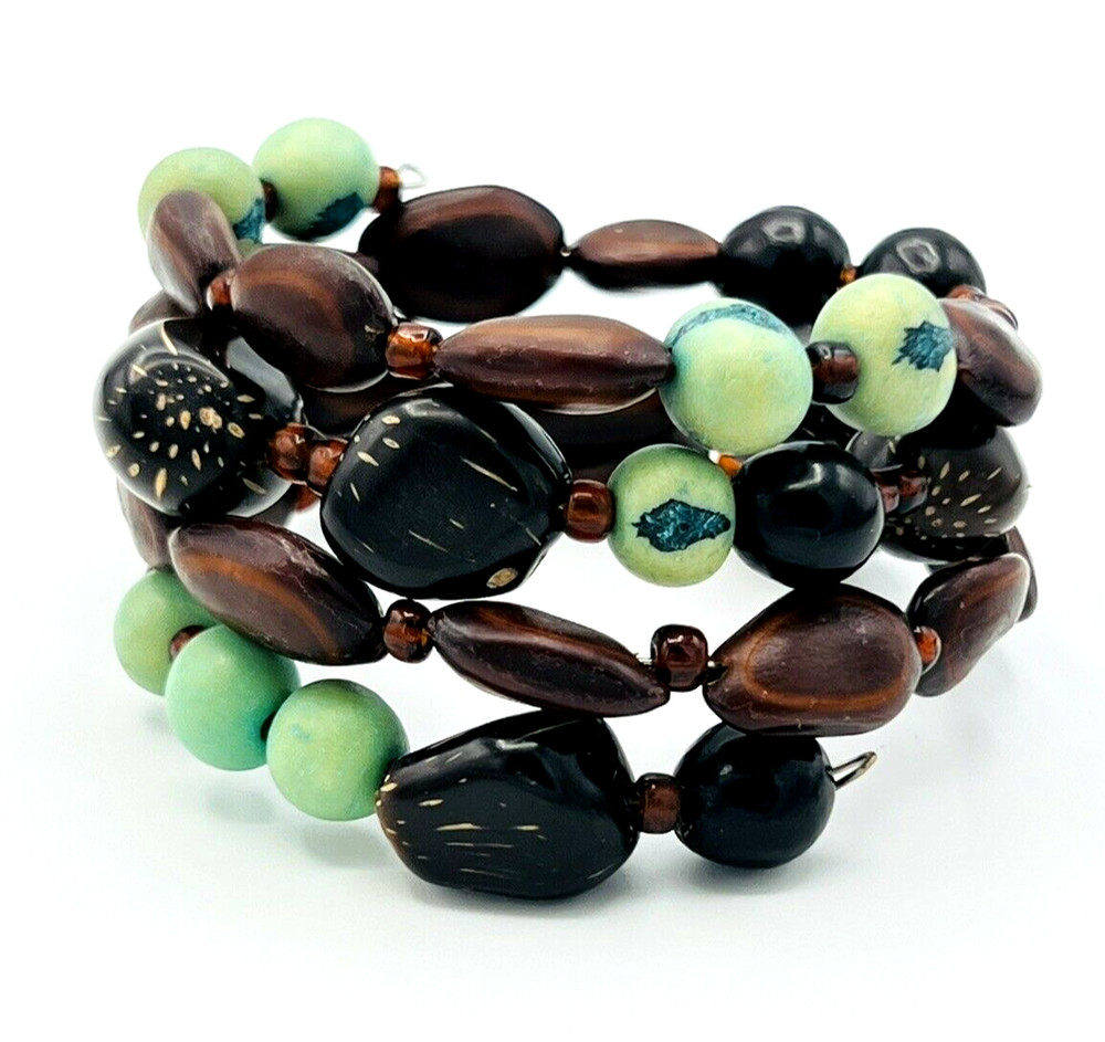 Artisan Nut Beads Memory Wire Wrap BOHO Bracelet