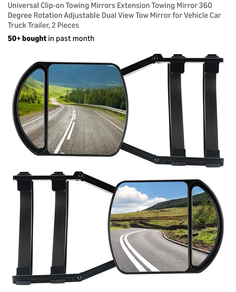 Universal Clip‑On Towing Mirrors – 360° Adjustable, Dual View, 2‑Piece Set